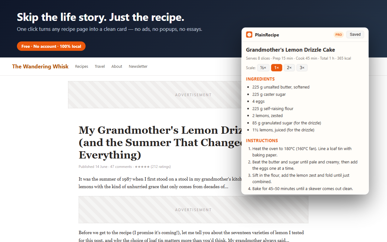 PlainRecipe pulling a clean recipe card out of a cluttered food blog